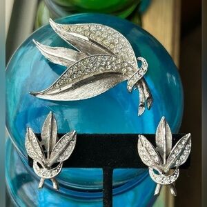 Vintage Trio Leaf Rhinestone Brooch and Clip on Earring Set
